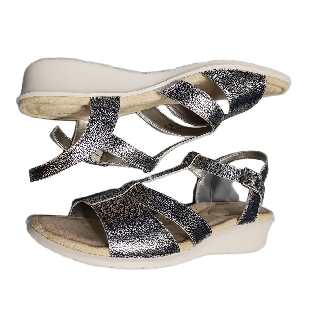Lands' End Espadrille Wedge Sandals Womens 9B Silver Metallic Ankle Buckle Strap